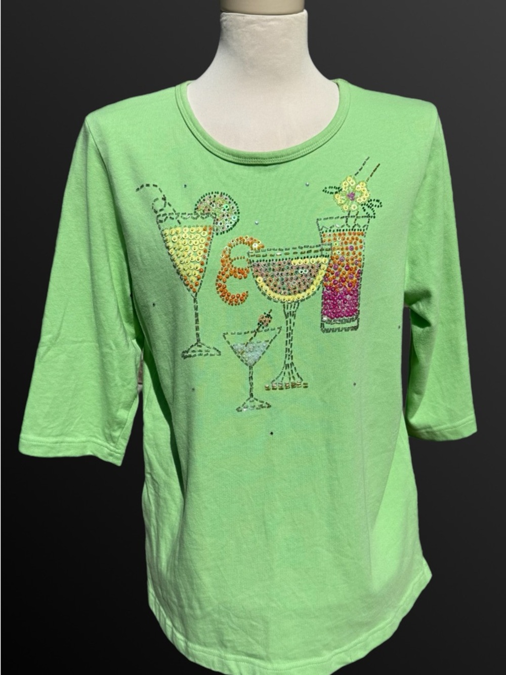 Quacker Factory Large Lime Green top sequin embellished cocktail design EUC